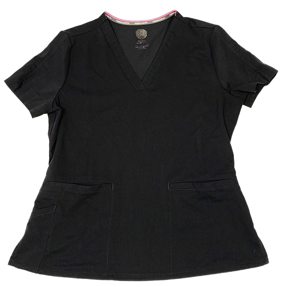 Vince Camuto Womens Scrub Top Medium Black Rayon Blend Short Sleeve V-Neck